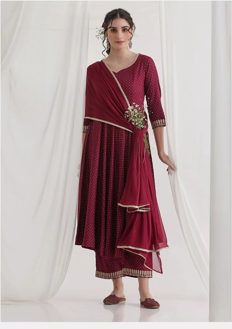 Summer Clothing Pakistan - Kadın Bordo Etnik Kurta Takımı Puantiyeli