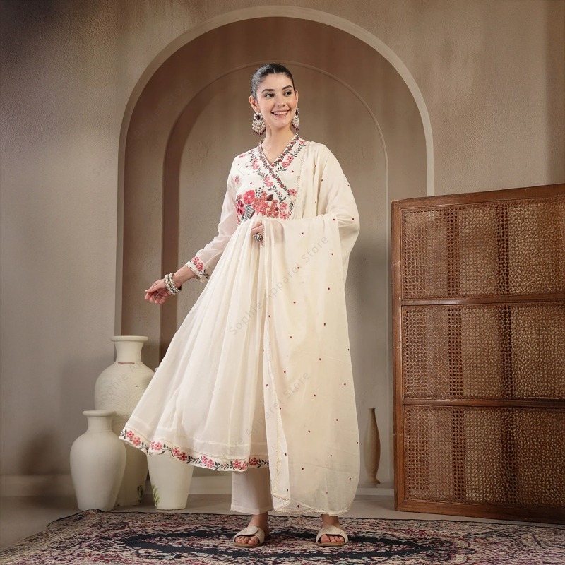 Summer Clothing Pakistan - Beyaz Pamuklu Anarkali Kurti Takımı, Pantolon